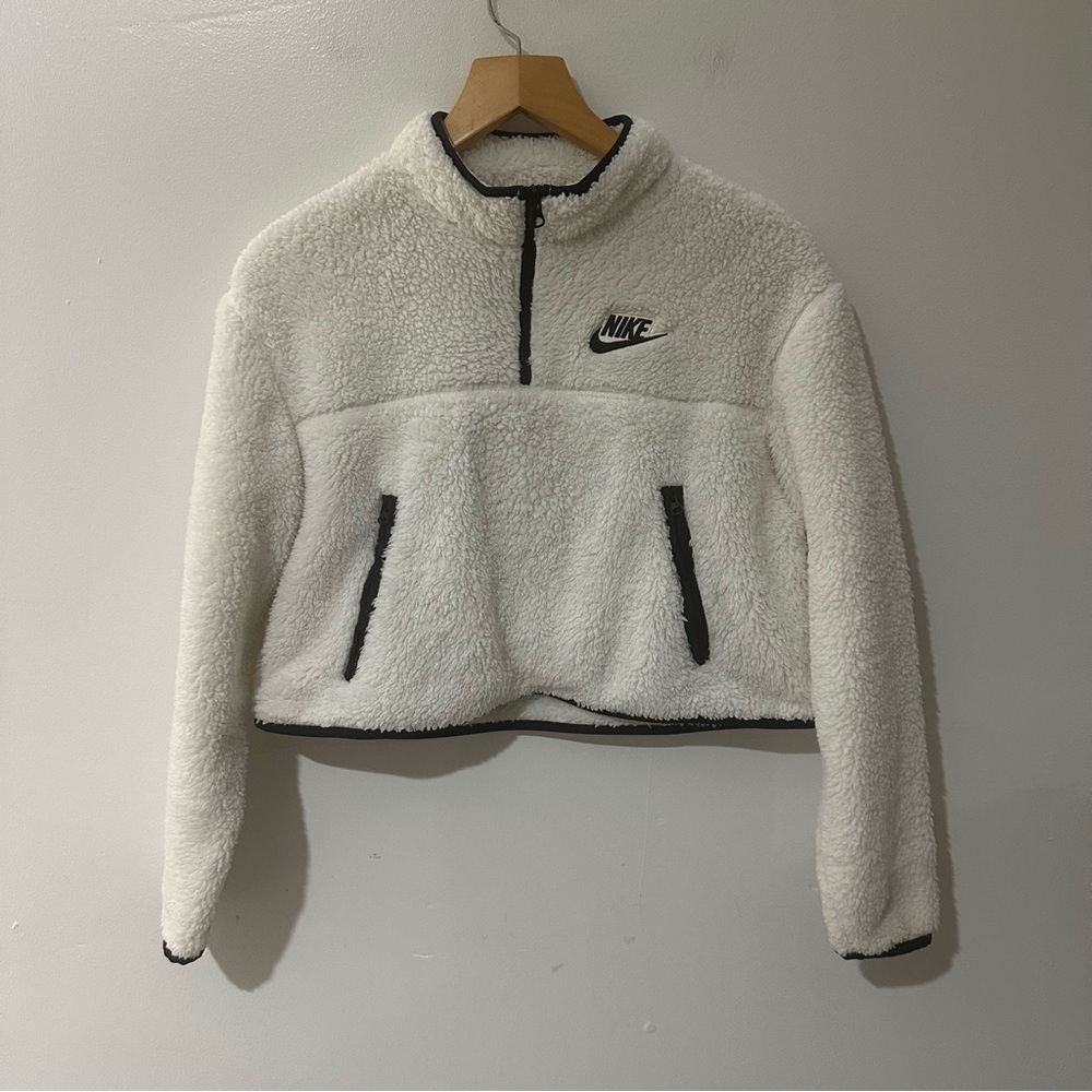 Nike Fleece Quarter Zip Cropped Pullover White Athleisure Women M - Picture 2 of 8